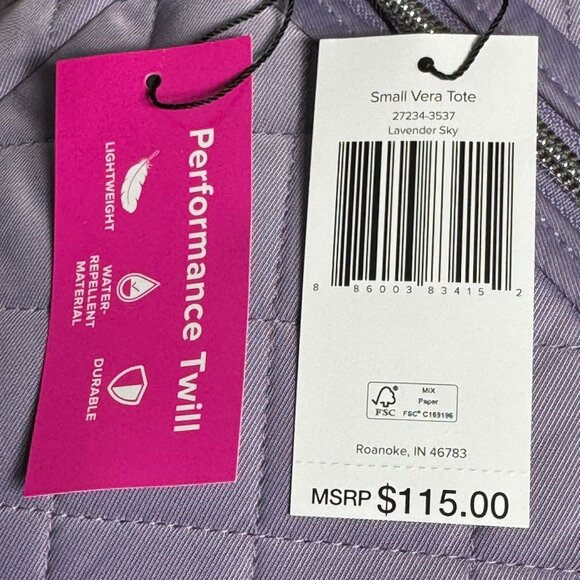 Vera Bradley Small Vera Tote in Performance Twill Lavender Sky NWT - Picture 4 of 10